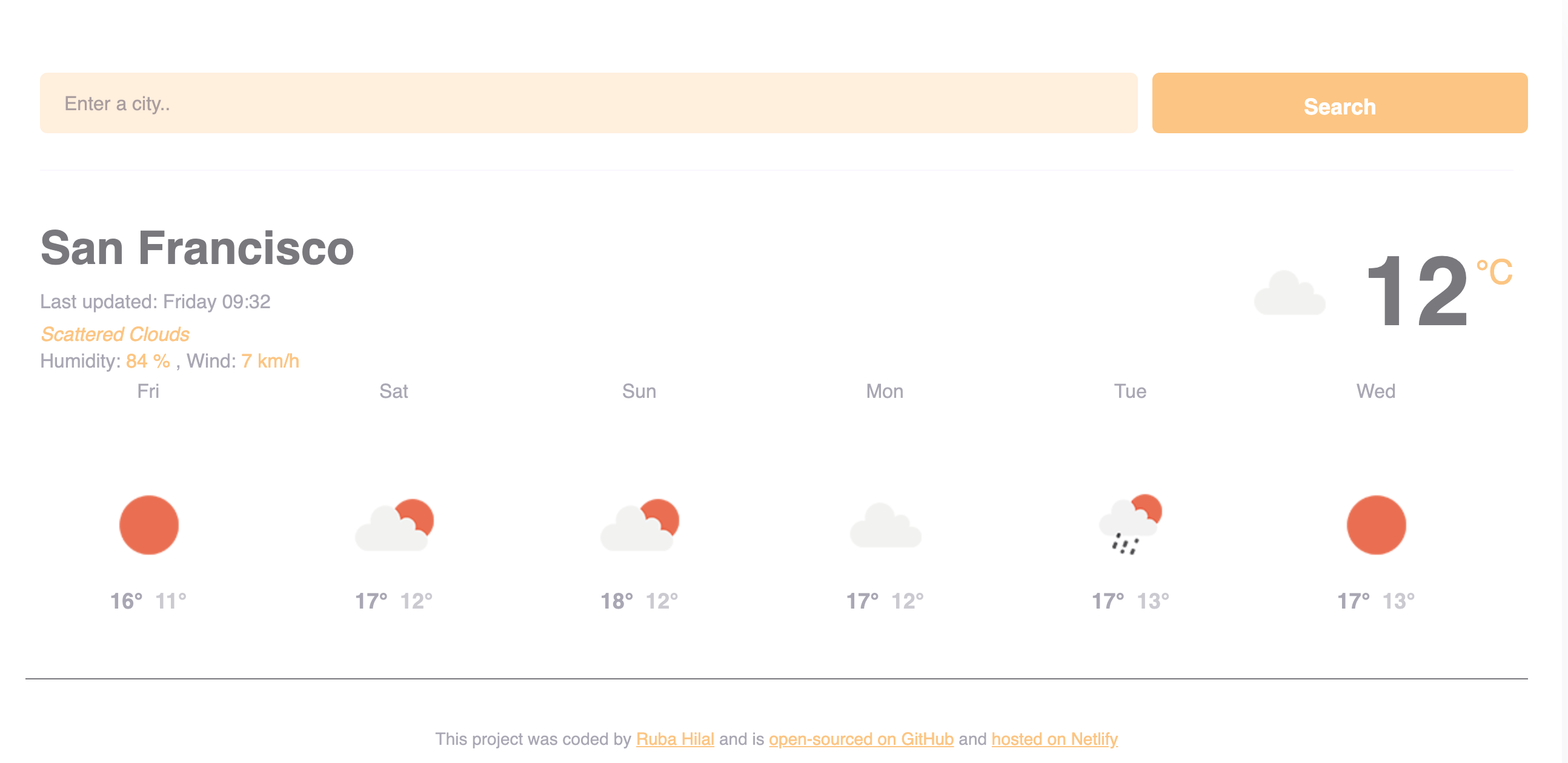 image of the weather app built by Ruba Hilal